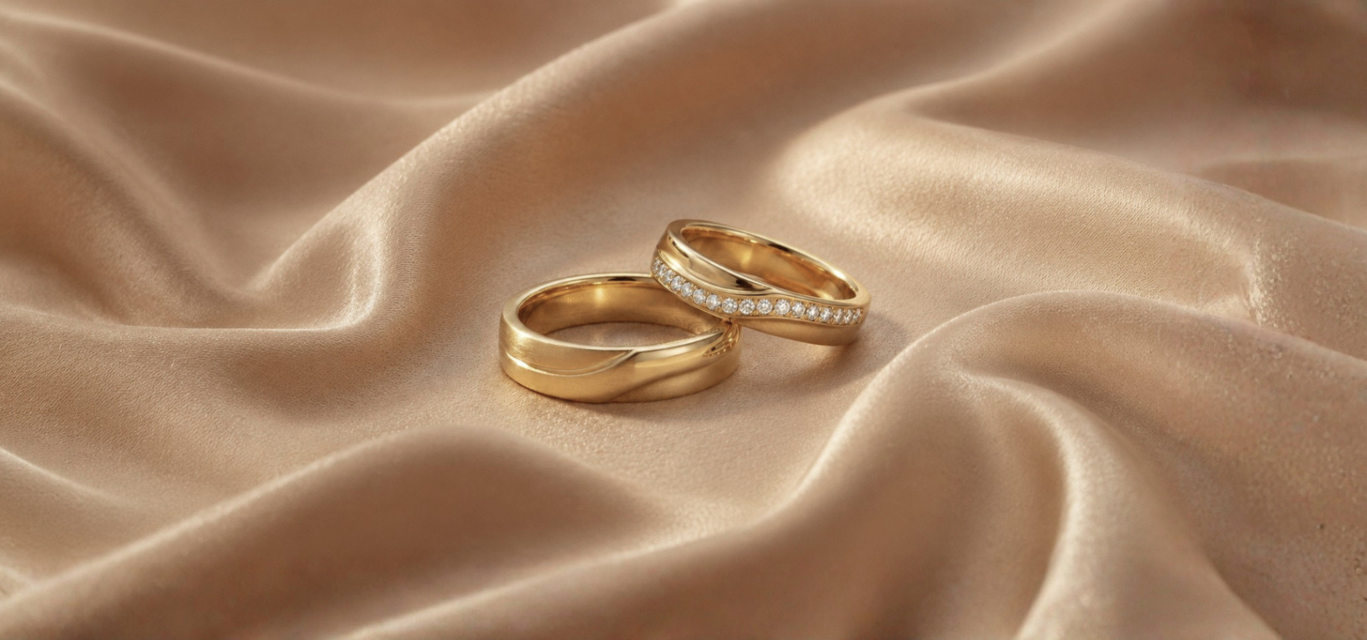 Par de alianças Ondé em ouro 18k com linhas fluidas e moissanites cuidadosamente posicionadas